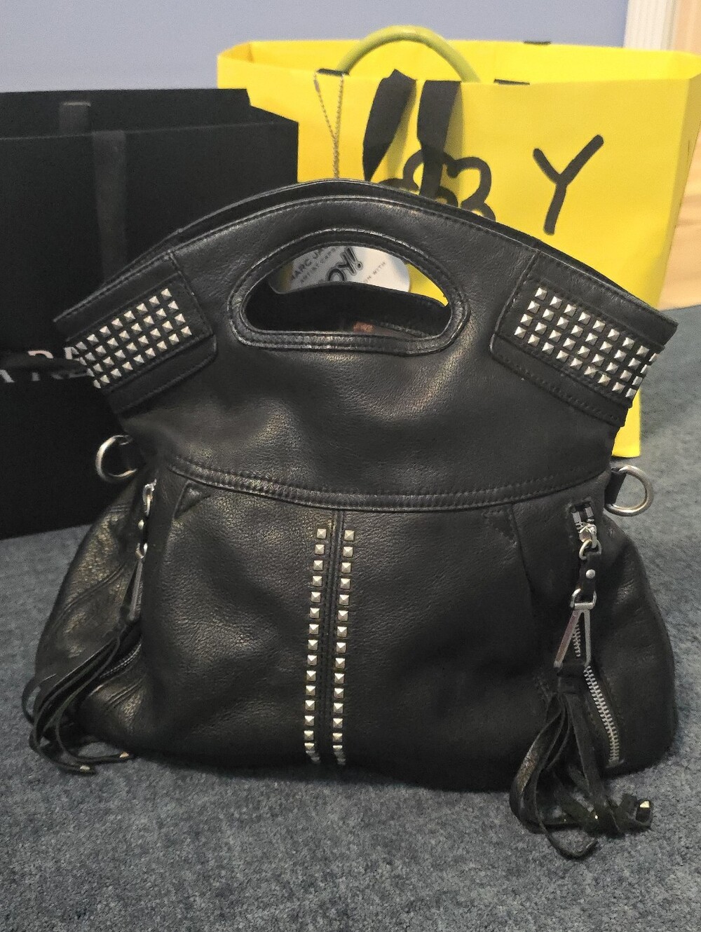 b. makowsky Black Studded Leather Satchel with Cutout Handles